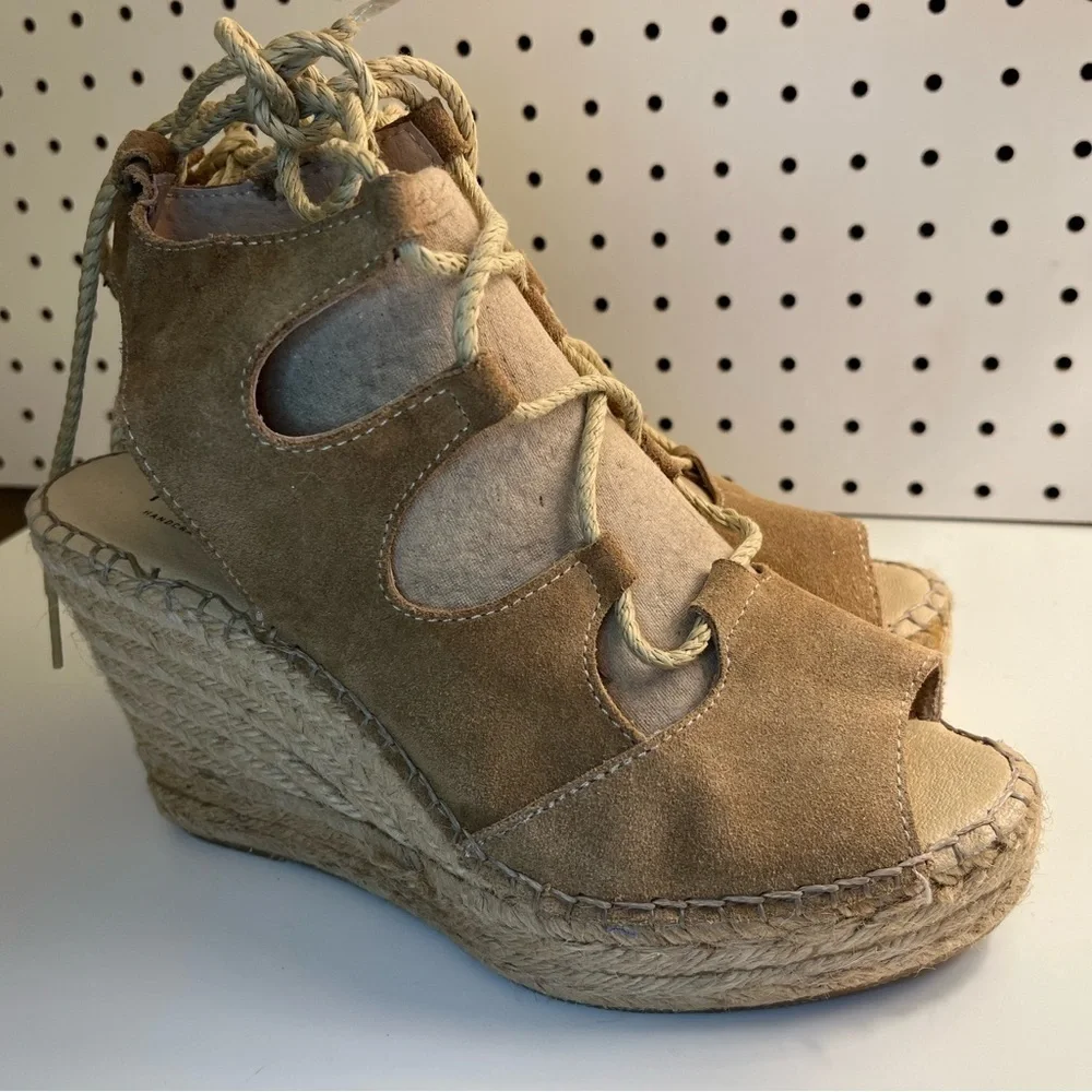 Fabiolas Tan Lace Up Cut Out Wedge Leather Espadrille Sandals